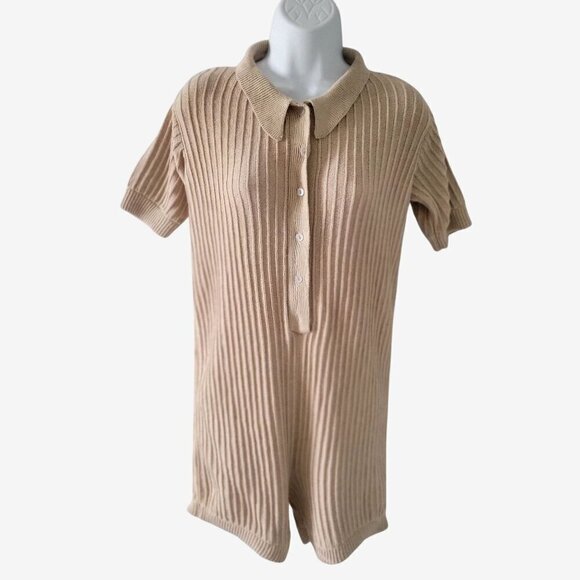 Rue Stiic Ribbed Knit Short-Sleeve Button-Up Beige Romper With Collar/ M - Picture 4 of 9